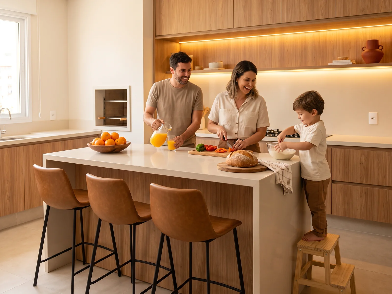 Família preparando o almoço na cozinha integrada de uma residência entregue pela MZ