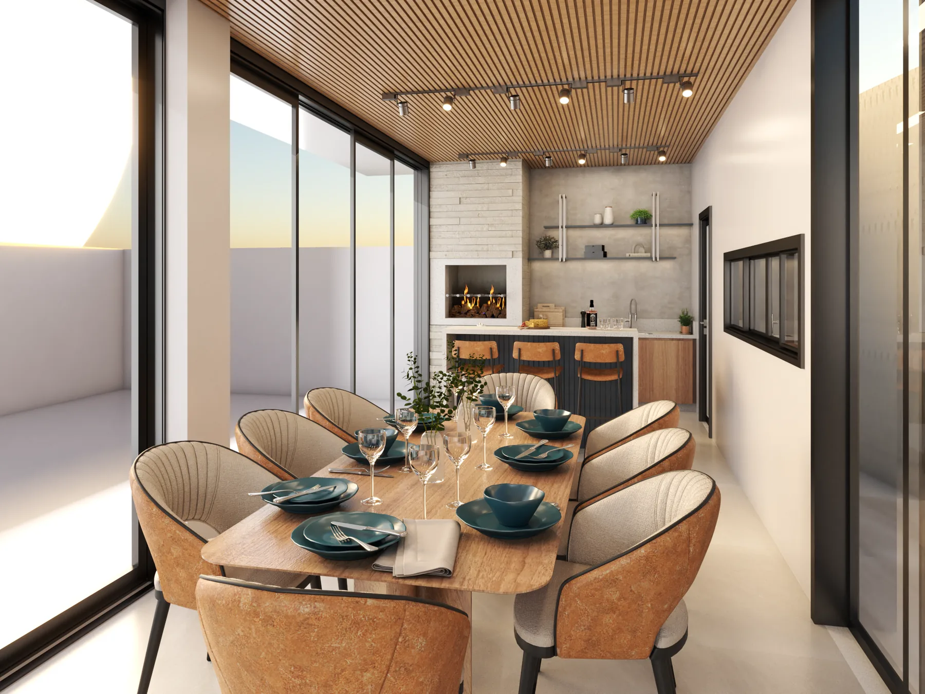 Área gourmet de apartamento, com bancada e marcenaria sob medida