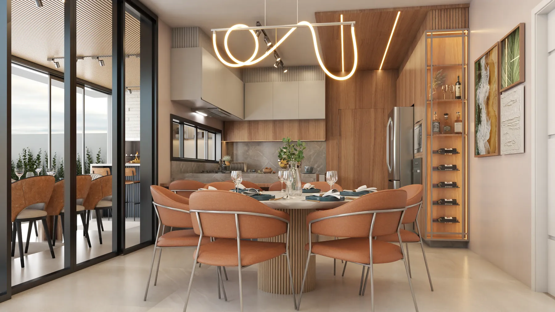 Sala de jantar integrada à cozinha do Apartamento L+G, com marcenaria sob medida