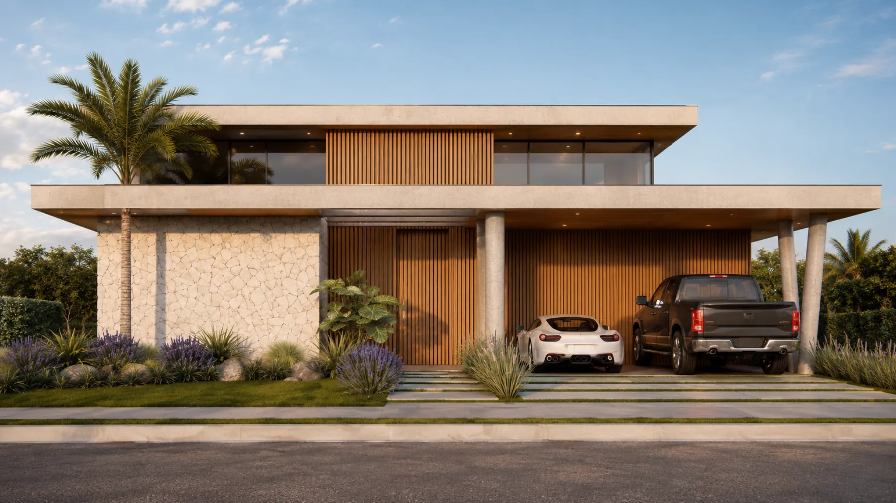 Casa Monticiano I, empreendimento próprio da MZ, com brise de madeira e parede de pedra