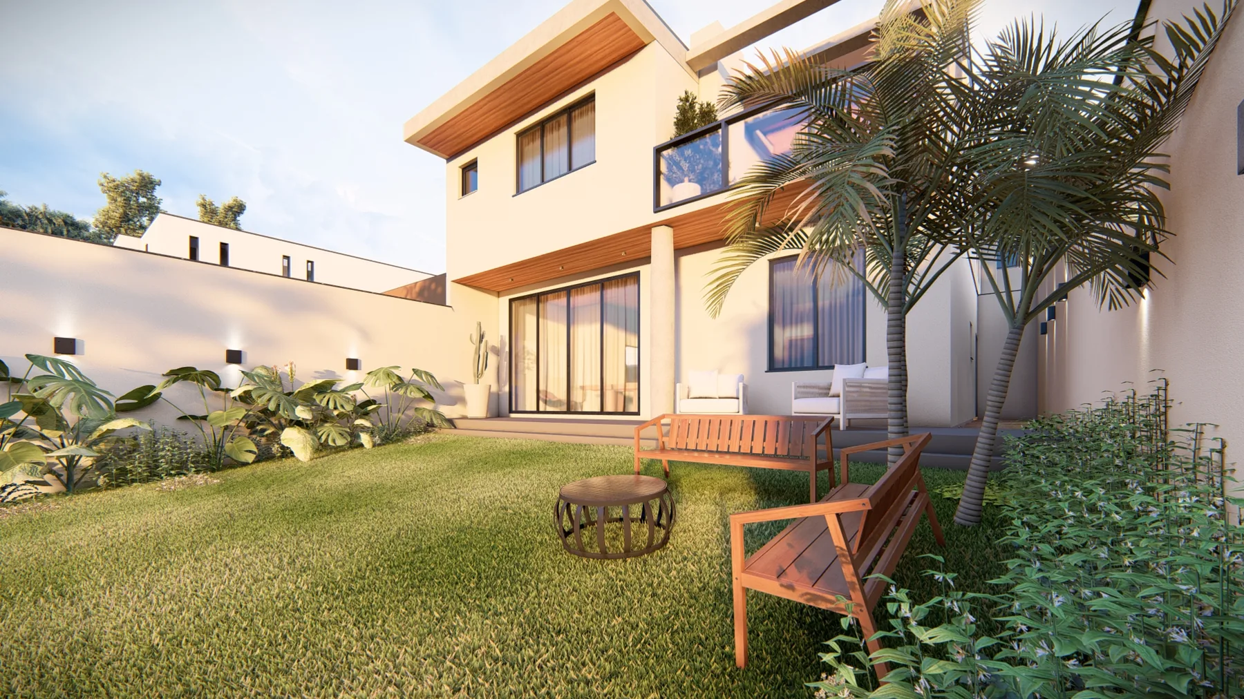 Vista externa da Casa Pinot, com jardim e área de convivência